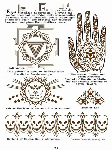 Indian Tribals Drawing, Kali Symbol Tattoo, Henna Symbols And Meanings, Kundalini Back Tattoo, Tibetan Mandala Tattoo, Kali Symbol, Bengali Tattoo, Kali Yantra, Kali Tattoo