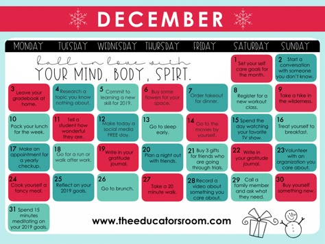 [December] Teacher Self-Care Calendar | The Educators Room December Self Care Challenge, December List, Wellness Calendar, Teacher Morale, Responsive Classroom, Social Calendar, Classroom Strategies, Falling In Love Quotes, Grade Book