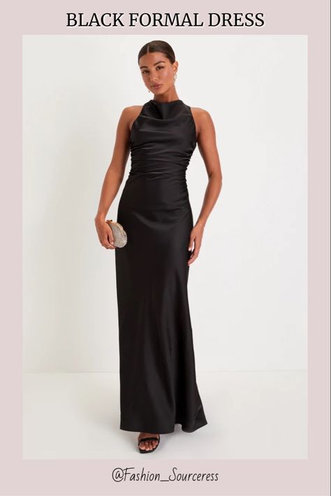 Black Maxi Wedding Guest Dress, Black Satin Backless Dress, Long Elegant Satin Dresses, High Neck Black Bridesmaid Dresses, Fall Black Bridesmaid Dresses, Black Bridemaid Dress, Black Maid Of Honor Dress Long, Classy Long Black Dress, Maid Of Honor Black Dress