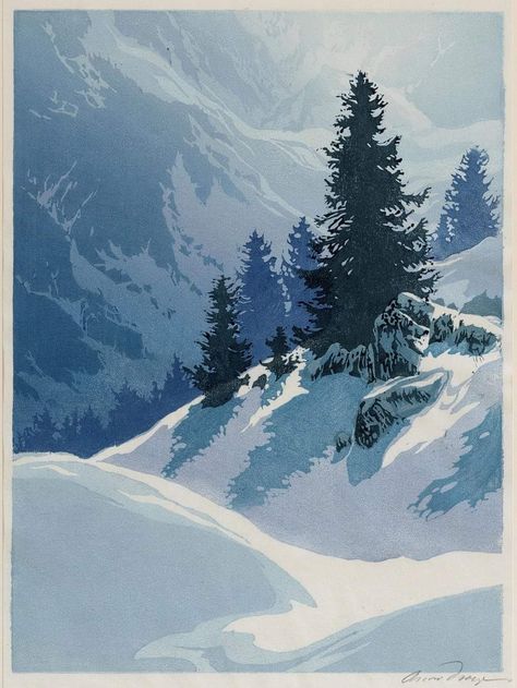 Oscar Droege (1898-1983) Mountain landscape Winter Illustration, Linocut Art, Arte Inspo, Historical Art, Landscape Illustration, Winter Art, Winter Landscape, Mountain Landscape, Fantasy Landscape