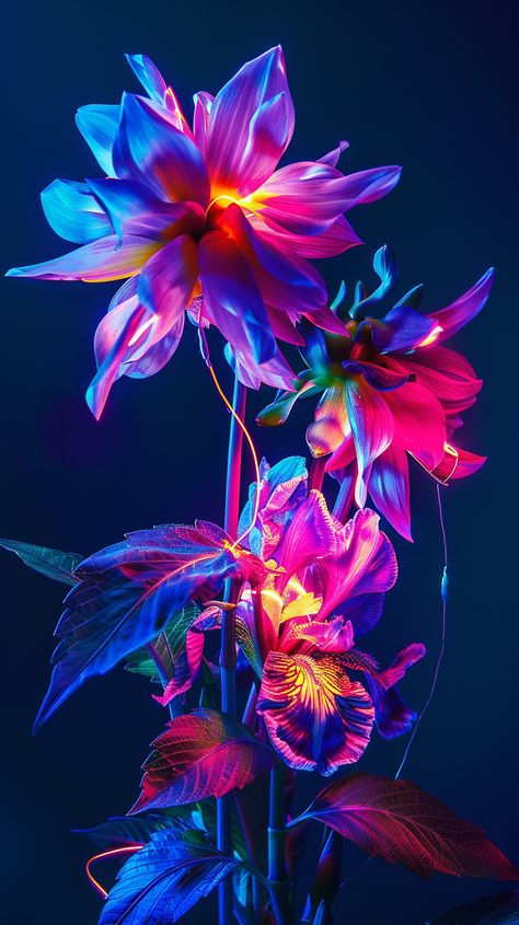 Dahlia and Iris Fossils Blooming at Night Neon Flowers Painting, Neon Plants, Fluorescent Painting, Paint Reference, Gold Wallpaper Phone, Neon Rope, Transparent Art, Glowing Flowers, Inspirational Digital Art