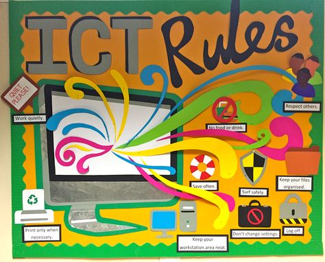 ICT Rules Computing Classroom Display, Ict Board Ideas, Ict Displays Boards, Ict Poster, Ict Technology, Ict Display, Ict Classroom, Computer Lab Bulletin Board Ideas, Computer Lab Posters