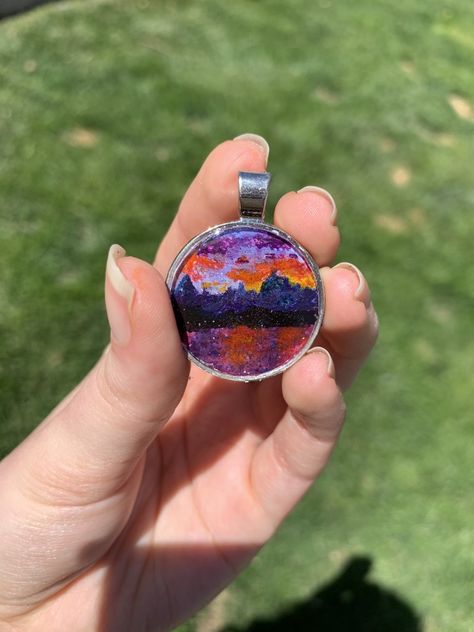 Hand Painted Resin Jewelry, Painted Resin Jewelry, Painted Pendants, Hand Painted Pendant, Hand Painted Necklace, Painted Jewelry, Mountain Scene, Inspiring Art, Resin Necklace