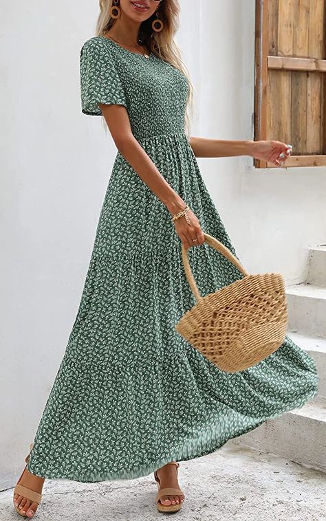 Maxi Dress Short Sleeve, Spring Modest Dresses, Sundresses With Sleeves, Floral Tiered Maxi Dress, Long Sun Dress Outfit, Summer Dresses With Short Sleeves, Long Modest Dresses Casual, Long Flowy Dress Casual, Long Summer Dresses Maxi Casual