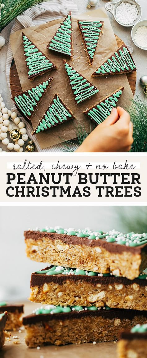 These no bake bars are the perfect treat for the Holidays. They're easy to make, and filled with crispy rice cereal, oats, pretzels, and a caramel peanut butter filling. They're so quick and easy to make, and are perfect for decorating with the kids! #nobake #peanutbutter #christmas #christmasrecipes #butternutbakery | butternutbakeryblog.com Peanut Butter Christmas Trees, Peanut Butter Rice Crispies, No Bake Christmas, Butternut Bakery, Christmas Meals, Peanut Butter Jar, Xmas Treats, Peanut Butter No Bake, Crispy Rice