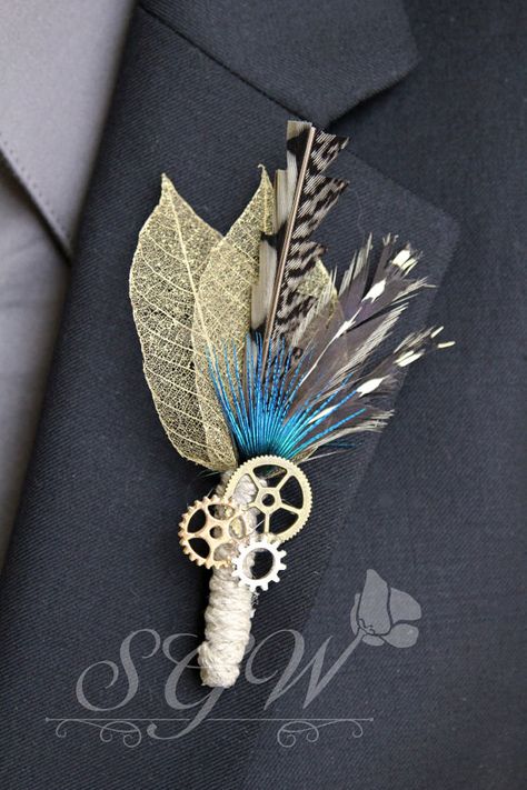 Mens Wedding Boutonniere, Steampunk Wedding Decorations, Steampunk Wedding Themes, Steam Punk Wedding, Steampunk Wedding Ideas, Punk Wedding, Steampunk Party, Wedding Boutonnieres, Wedding Boutonniere