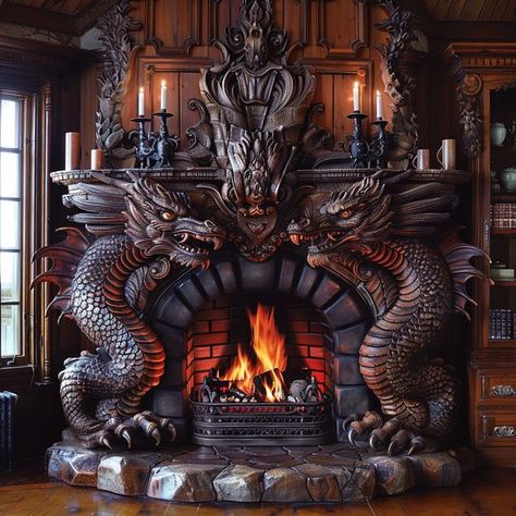 Dragon Fireplace, Dragon Furniture, Rustic Outdoor Fireplaces, Art Fireplace, Stove Design, Dragon Bedding, Fantasy Cottage, Fireplace Wood, Dream House Living Room