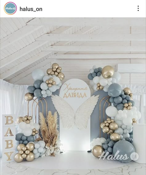 Baptism Arch Decor, Christening And Birthday Decorations, Baby Boy Baptismal Theme Ideas, Baptism Boy Theme, Christening Decorations Boy, Baptism Theme Boy, Decor Aqiqah Baby Boy, Baby Baptism Decorations, Baby Boy Christening Decorations