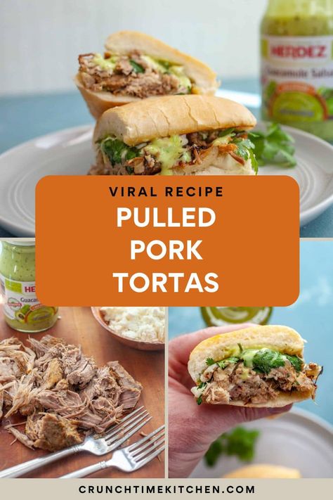 Have you had a Torta?!! It's a Mexican Sandwich that's usually filled with griddled meat, onions, and cheese, all stuffed in a soft roll. SO GOOD. I made this version with pressure cooker pulled pork and slathered it with Guacamole Salsa! crunchtimekitchen.com #tortas #pulledpork #sandwiches #mexican Tortas Recipe, Mexican Tortas Recipe, Torta Sandwich, Mexican Tortas, Pressure Cooker Pulled Pork, Mexican Sandwich, Cheese All, Pulled Pork Sandwiches, Guacamole Salsa