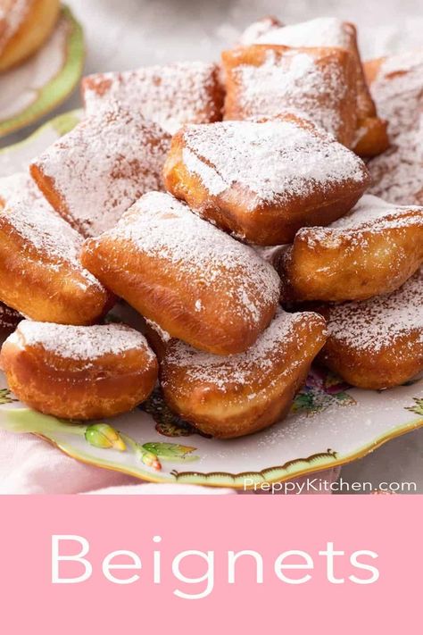 Beignets - soft, pillowy, vanilla-scented French donuts fried until golden brown then dusted with powdered sugar. My recipe shows you how to make the best beignets that are impossible to resist! Yeast Donut Holes Recipe, Donuts Fried, French Donuts, Square Donuts, Chocolate Dipping Sauce, Fried Donuts, Healthy Donuts, Preppy Kitchen, Canadian Food