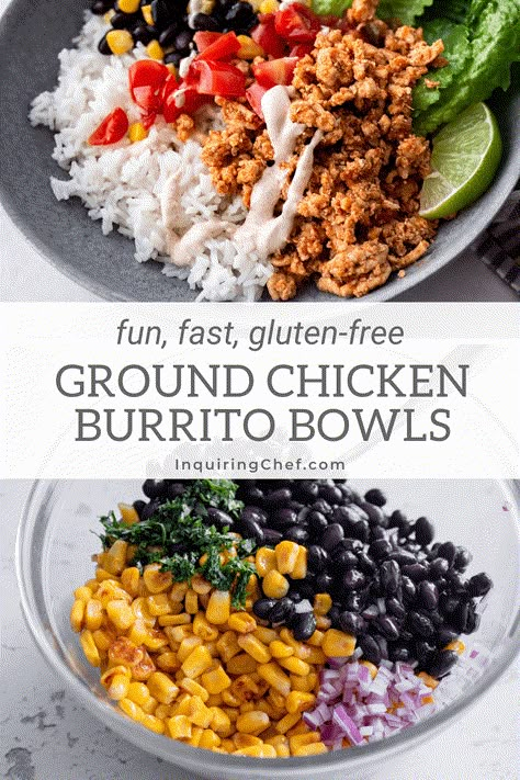 Ground chicken burrito bowls cook fast and are a great alternative to takeout. Assemble the bowls to serve right away, use as meal prep, or set out toppings and let everyone build their own. Chicken Burrito Bowls, Fajita Vegetables, Burrito Bowls Recipe, Healthy Bowls Recipes, Chicken Rice Bowls, Chicken Burrito, Chicken Burrito Bowl, Ground Chicken Recipes, Burrito Bowls