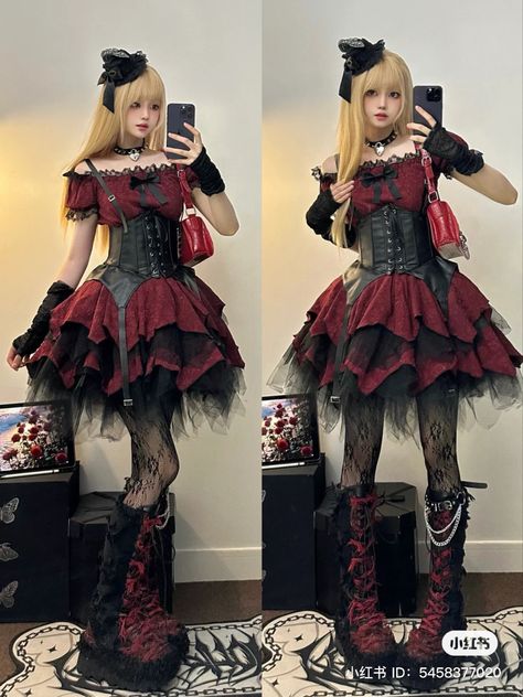 Visual Kei Women, Visual Kei Outfits, Stile Punk Rock, Visual Kei Fashion, Maroon Outfit, Red And Black Outfits, Harajuku Fashion Street, Kei Fashion, Fashion Idol