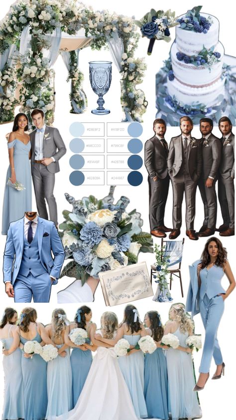 October Coastal Wedding, Blue Topaz Wedding Theme, Blue Wedding Colour Scheme, Cool Tone Wedding Colors, Dusty Blue Wedding Inspiration, Blue Bridesmaids And Groomsmen, Gray And Dusty Blue Wedding, Navy Blue Wedding Palette, Steel Blue Wedding Colors