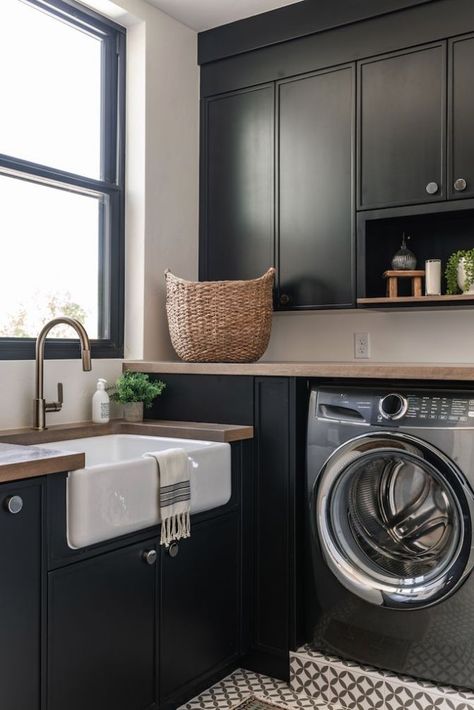 Our Top 3 Favorite Dark Paint ColorsBECKI OWENS Laundry Room Paint Color, Laundry Room Paint, White Laundry Rooms, Black Paint Color, Laundry Ideas, Dark Paint Colors, Dream Laundry Room, White Laundry, Laundry Design