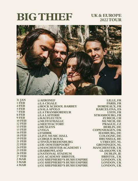 Big Thief Announce 2022 UK & European Tour Big Thief Poster Art, Tour Announcement Poster, Salad Poster Design, Big Thief Poster, Big Thief Band, Next Year Goals, Music Vision Board, Posters Dorm, Posters For Dorm