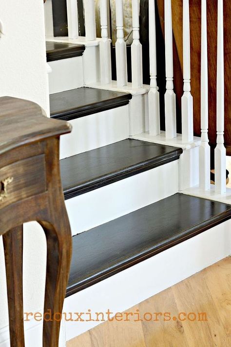 How to Paint a Staircase Black and White With All the Details! :: Hometalk Black And White Hallway, Black And White Stairs, Carpet Staircase, White Hallway, White Staircase, Painted Staircases, White Stairs, Staircase Makeover, Stair Remodel