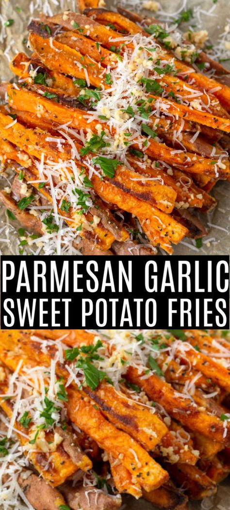 Parmesan Sweet Potato Fries, Baked Sweet Potato Oven, Baked Potato Fries, Easy Sweet Potato Fries, Oven Baked Garlic, Perfect Baked Sweet Potato, Fries Homemade, Oven Baked Potato, Homemade Sweet Potato Fries