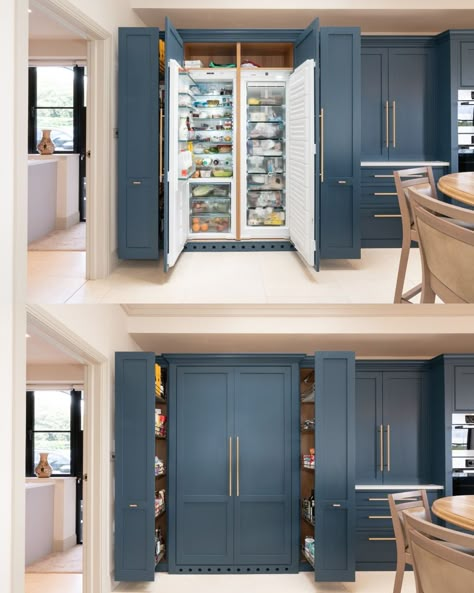 Kitchen Double Fridge, Built In Double Fridge, Double Fridge Kitchen Layout, Inbuilt Fridge Kitchen, Dishwasher Next To Fridge, Kitchen Design Fridge Placement, Integrated Fridge Kitchen, Fridge Hidden In Cabinets, Fridge Cabinet Ideas