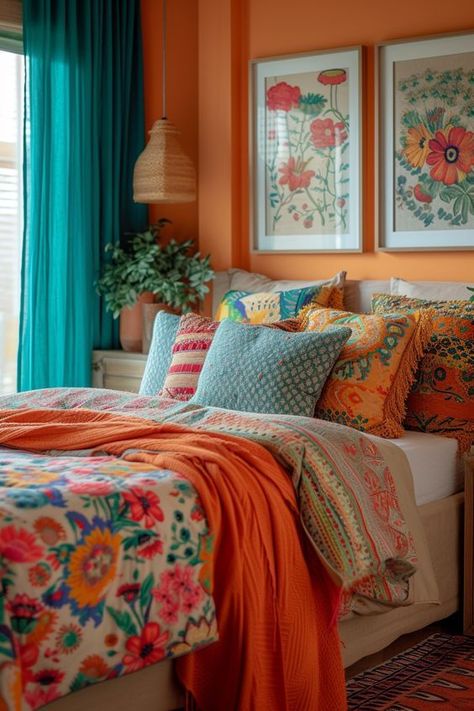 Lavender And Orange Bedroom, Orange And Teal Bedroom, Jungalow Bedroom, Bohemian Interior Design Bedroom, Bright Bedrooms, Best Greige Paint, Best Greige, Zen Room Decor, Bedroom Inspiration Cozy