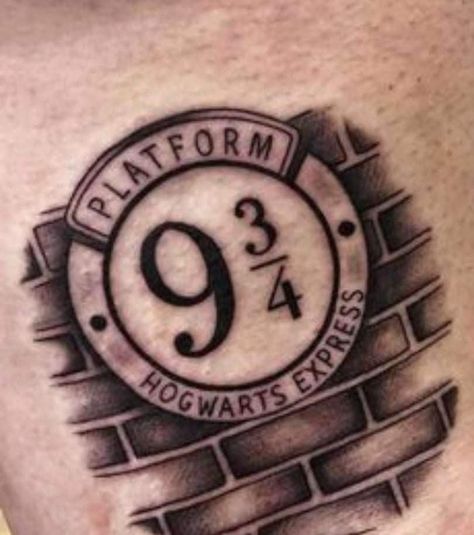 Harry Potter Hand Tattoos For Women, Harry Potter Elbow Tattoo, Platform 9 3/4 Tattoo, Harry Potter Hogwarts Tattoo, Harry Potter Thigh Tattoo Women, Harry Potter 9 3/4 Tattoo, Harry Potter Tattoo Ideas Unique, Hogwarts Tattoo Design, Tattoo Designs Harry Potter