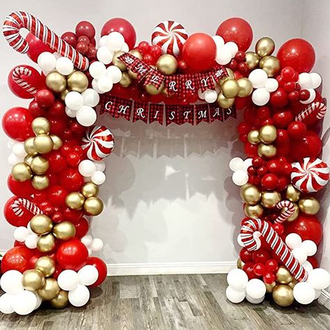 Christmas Balloon Arch, Christmas Balloon Garland, Christmas Party Backdrop, Balloon Wreath, Candy Themed Party, Candy Balloons, Christmas Balloon Decorations, Deco Ballon, Holiday Balloons