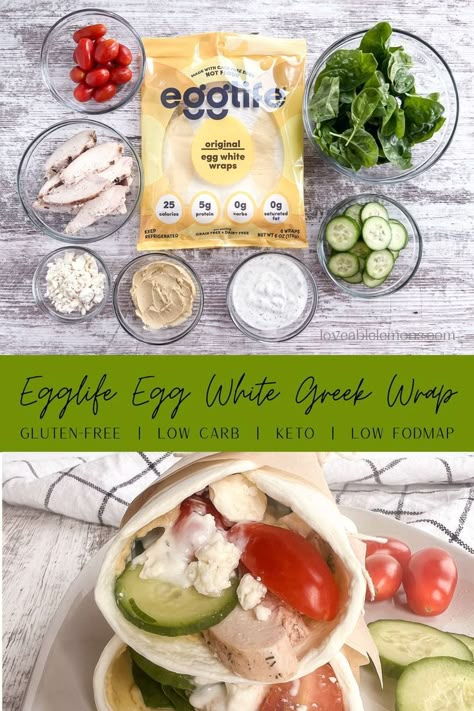 ingredients to make the recipe and two wraps stacked on top of each other on a white platter. Recipes With Egg Wraps, Greek Chicken Wrap, Wrap Recipes For Lunch, Greek Wrap, Egg White Wraps, Hummus Chicken, Fodmap Lunch, Chicken Feta, Egg Whites Wrap