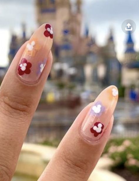 How To Do Mickey Mouse Nails, Clear Disney Nails, Floral Disney Nails, Disney Themed Nails Acrylic Almond, Disney Flower And Garden Nails, Disney Flower Nails, Disney Aesthetic Nails, Disney Nails 2023, Minimalist Disney Nails