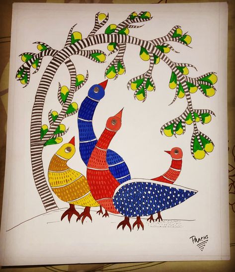 My first gond art painting Easy Gond Art, Gond Painting Easy, Gond Art Easy, Pen Rendering, Gond Art, Gond Painting, Easy Mandala, Designer Bed, Doll Drawing