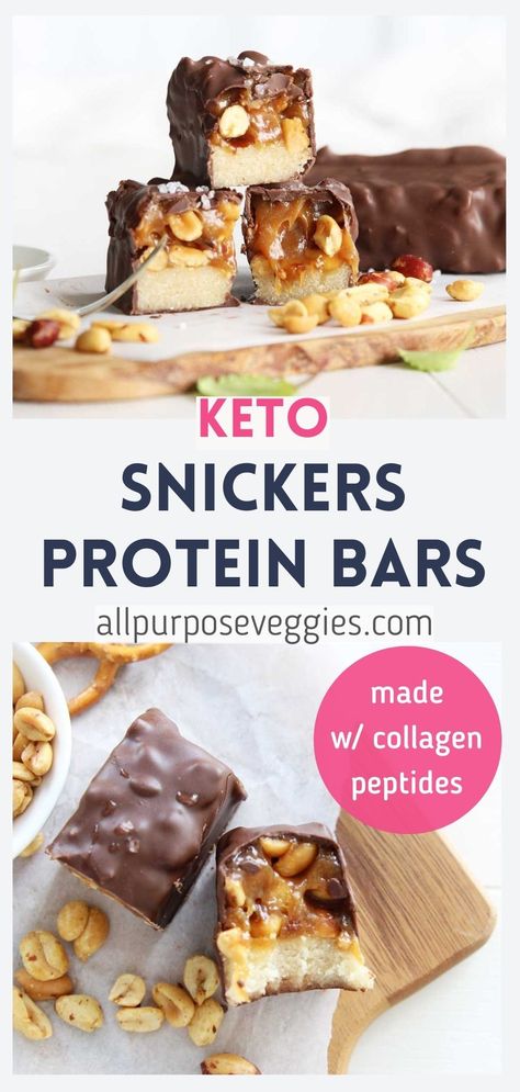 These extra special, easy, no-bake Keto Snickers Protein Bars have a secret ingredient in them: collagen peptides powder. It’s what gives this recipe its distinct gooey, caramel-like centers, just like the classic candy bar. Paired with the low-carb coconut flour cookie base, the chocolate coating and the crunchy peanuts, you’ll never know that this bar contains 23g of protein per serving (more than 7 times of what’s contained in the original Snickers bar!) #collagenpeptides #proteinbars #keto Protein Snickers Bar, High Protein Snickers Bar, Keto Snickers Bar, Protein Snickers, Snickers Protein Bar, Keto Snickers, Keto Grilled Cheese, Collagen Protein Bars, Snickers Protein