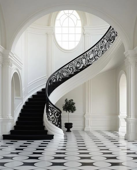 Classic Stairs Design, Black And White Stairs, Stair Design Architecture, Luxury Staircase, Elegant House, White Stairs, Stairs Design Interior, Neoclassical Interior, Stair Railing Design