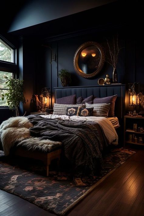 17 Dark And Moody Bedroom Ideas That Are Super Cozy Bedroom Wall Decorations Aesthetic, Gothic Nature Aesthetic Bedroom, Earthy Home Decor Ideas, Minimalist Goth Bedroom, Dark Bedroom Ideas For Couples, Seductive Bedroom Ideas Romantic, Moody Bedrooms, Goth Bedroom Ideas, Dark Boho Bedroom