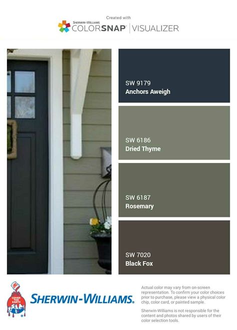 Green Exterior House Colors Farmhouse Sherwin Williams, House Exterior Colors Schemes Ranch, Sw Green Exterior Paint Colors, Vinyl Siding Paint Colors, Sherwin Williams Paint Exterior Houses, Green Exterior Color Schemes, Green House Color Scheme, Brown Painted Houses Exterior, Door Color For Green House