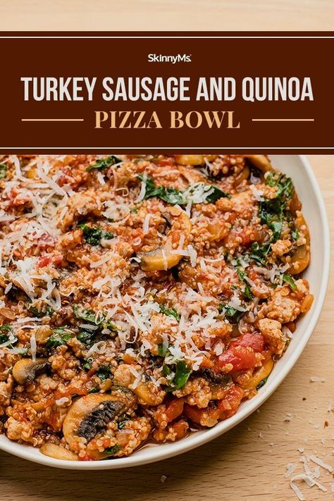 Turkey Sausage and Quinoa Pizza Bowl Italian Sausage Quinoa, Sausage Quinoa Bowl, Quinoa Pizza Bowls, Pizza Bowl Meal Prep, Turkey Sausage Dinner Recipes, Healthy Pizza Bowl, Rp Recipes, Sausage Quinoa, Pizza Quinoa