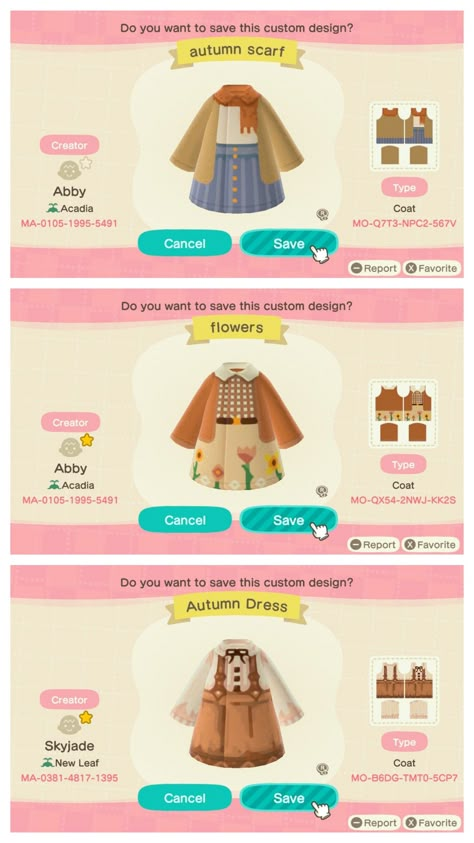 Animal Crossing Pajamas Code, Acnh Thanksgiving Clothes, Custom Codes Animal Crossing, Acnh Fall Clothes, Acnh Designs Clothing, Acnh Summer Outfits, Acnh Outfit Code, Cottagecore Fall Outfits, Animal Crossing Clothing Codes