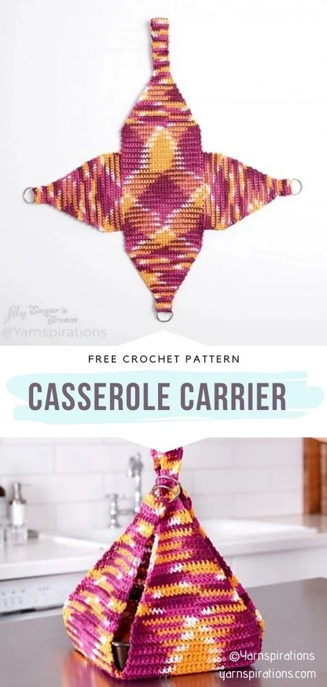 Crochet Book Carrier, Crochet Casserole Carrier Free Pattern, Kitchen Crochet Projects, Crochet Pet Carrier, Household Crochet Patterns Free, Easy Quick Crochet Gifts, Household Crochet Ideas, Practical Crochet Ideas, Practical Crochet Gifts