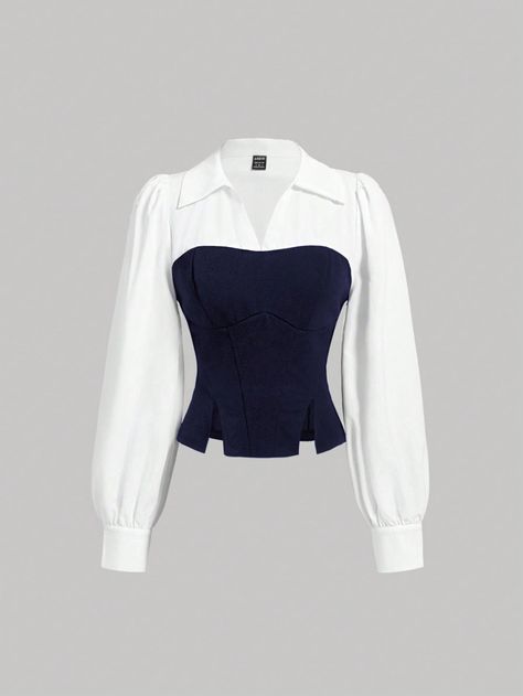 Black And White Color Block Asymmetrical Split Hem Slim Fit Faux 2-Piece Shirt Navy Blue Elegant  Long Sleeve Woven Fabric Colorblock Top Non-Stretch  Women Clothing, size features are:Bust: ,Length: ,Sleeve Length: Black Top Over White Shirt, White Blouse With Black Corset, Black And White Corset Top, Tops With Ribbon, White Blouse Work Outfit, Corset Black Top, Trending Tops For Women 2024, Corset On Top Of Shirt, White Shirt With Corset