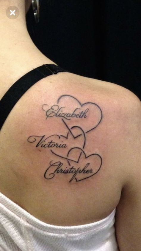 Grandchildren Tattoo Ideas Grandmothers, Heart Name Tattoo, Grandma Tattoo For Grandkids, 3 Children Tattoos For Moms, Back Shoulder Tattoos For Women, Back Shoulder Tattoos, Mother Of 3 Tattoo Ideas, Grandchildren Tattoos, Heart Tattoos With Names