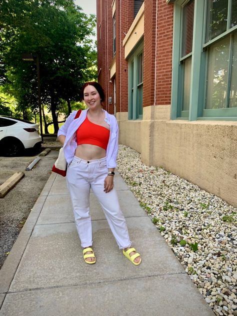 Woman in H&M Button Up, Men’s Levi’s White Jeans, Girlfriend Collective Sports Bra Top Yellow Birkenstock Outfit, Birkenstock Beach, Summer Beach Aesthetic, Birkenstock Outfit, Sports Bra Top, Girlfriend Collective, Beach Aesthetic, Bra Top, Summer 2022