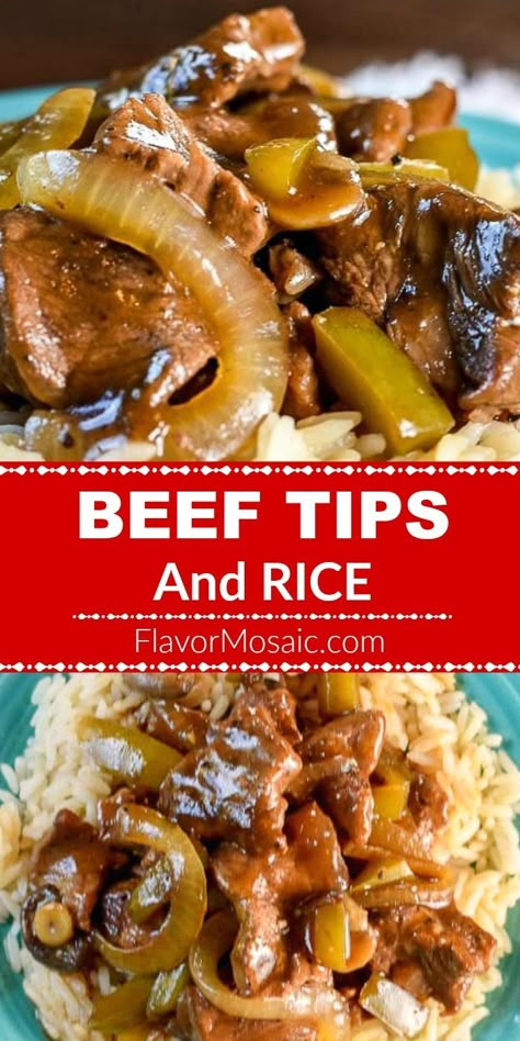 Beef Tips and Rice, with sautéed onions and peppers covered in a savory gravy, made in a dutch oven or crockpot, make an easy, delicious, and hearty dinner your family will love. #BeefTips #BeefTipsAndRice #Beef #FlavorMosaic Beeftips Recipe Crockpot, Beef Tips And Rice Recipe Crockpot, Beef Tips Crock Pot Recipes, Beef Tips And Rice, Beef Tip, Gefilte Fish, Beef Tip Recipes, Sauteed Onions, Drink Inspiration