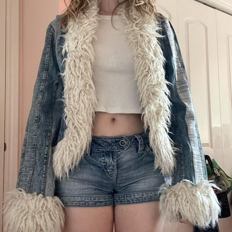 the most INSANE patchwork denim jacket with fur... - Depop Denim Fur Jacket Outfit, Fur Denim Jacket Outfits, Fluffy Denim Jacket, Denim Coat Outfit, Y2k Denim Jacket, Jean Jacket With Fur, Denim Fur Jacket, Manifest List, Denim Jacket With Fur Collar