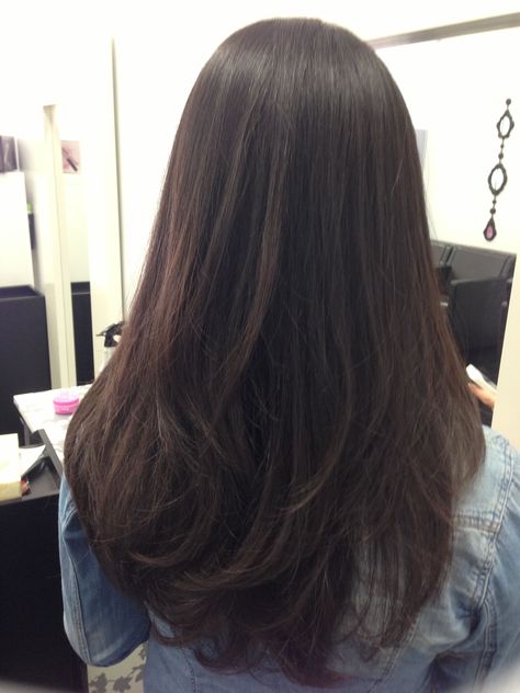 Thick Hair, No Problem: V-Cut with Layers for Long Hair - Summer Haircut Inspiration Medium Length Hair No Layers, V Shaped Haircut Straight Hair, V Shape Hair Medium, Medium Layered Hair V Shape, No Layers Haircut Long, Haircut No Layers, Medium Length Haircut V Shape, Slight V Shape Haircut, V Cut Layers