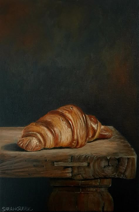 Croissant Oil Painting, Croissant Painting Acrylic, Acrylic Painting Reference Photos, Crossaint Drawing, Croissant Painting, Croissant Art, Breakfast Painting, Creek Art, Abstract Portrait Painting