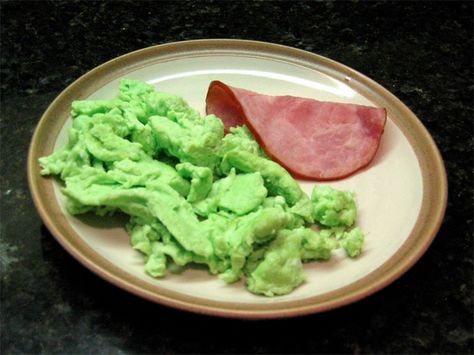 Green Eggs and Ham via Quirk Books Green Eggs And Ham Recipe, Ham Quiche Recipe, Ham Casserole Recipes, Ham Breakfast, Green Egg Recipes, Avocado Deviled Eggs, Ham Potato, Bacon Deviled Eggs, Ham Casserole