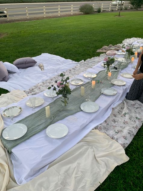 18th Birthday Party Ideas Floral, Green Garden Party Decorations, 21st Birthday Sage Green, Green Theme Picnic, Bday Party Picnic, Sage Green Picnic Aesthetic, Floral Picnic Birthday Party, Green And White Theme Birthday Party, 16 Birthday Party Ideas Sage Green