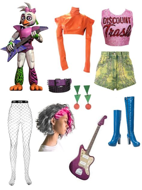 #glamrockchica #glamrock #chica #outfitideas #outfit #ideas #fnafsecuritybreach #securitybreach #fnaf #security #breach #neon #rock #vintage Sundrop Inspired Outfit Fnaf, Fnaf Security Breach Inspired Outfits, Glamrock Chica Inspired Outfit, Fnaf Sb Inspired Outfits, Glamrock Chica Cosplay Ideas, Glamrock Clothes, Glamrock Freddy Outfit Ideas, Monty Fnaf Outfit, Glamrock Aesthetic Outfit