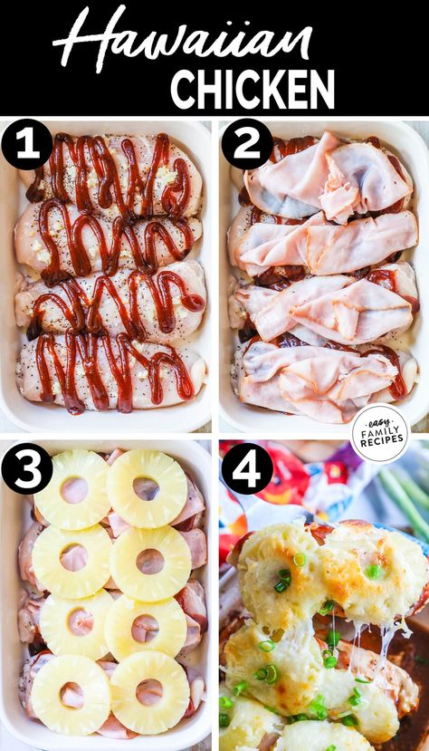 This Baked Hawaiian Chicken is the perfect weeknight dinner. It is packed full of flavor and the dish comes together in just a few minutes. This one dish dinner only has a handful of ingredients, but there is no shortage of flavor. Chicken, BBQ Sauce, salty ham, sweet pineapple, and savory cheeses all bake to perfection and your family will be asking for seconds. Baked Hawaiian Chicken can be served with many different sides, but I suggest rice, roasted asparagus or even a cold pasta salad. Hawaiian Chicken Casserole Recipes, Hawaiian Chicken Oven, Hawaiian Chicken Rice Bowl, Hawaiian Chicken Sheet Pan Dinner, Easy Hawaiian Chicken, Baked Pineapple Chicken, Hawaiian Side Dishes, Chicken Bbq Sauce, Hawaiian Chicken Recipes