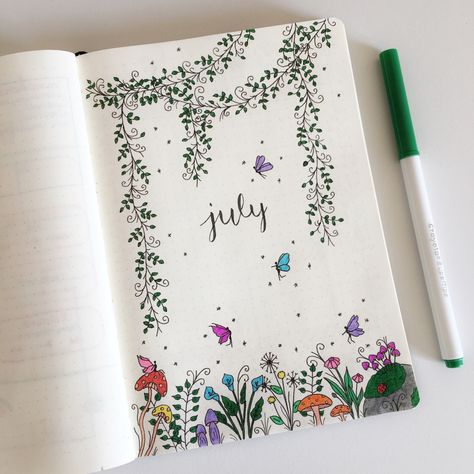 july fairy forest garden bullet journal theme #bujo #bujoideas #bulletjournal #bulletjournaling #bulletjournalideas July Reading Journal, Forest Journal Ideas, Bujo Cover Page Ideas, Garden Bullet Journal, Bujo Design, July Themes, July Spread, July Bujo, Journaling Doodles