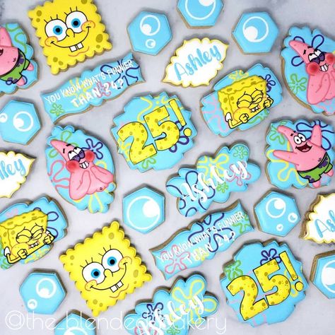 Spongebob Cookies, Spongebob Party Decorations, Spongebob Birthday Party Decorations, Paw Patrol Cookies, Happy Birthday Cookie, Spongebob Birthday Party, 25th Birthday Parties, Dragon Cookies, Cookie Craft