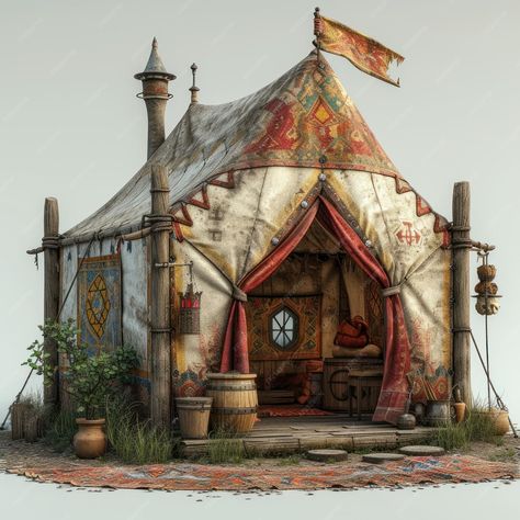 Premium Photo | Medieval Tent Fantasy Tent Concept Art, Strixhaven Character, Fantasy Tent, Medieval Marketplace, Medieval Tents, Medieval Tent, Cartoon Props, Medieval Camping, Viking Tent