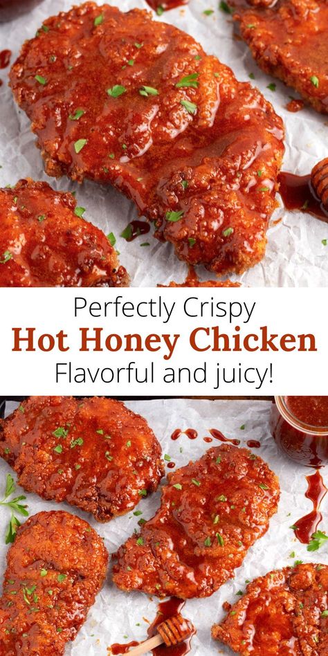 Savor the taste of crispy Hot Honey Chicken! Chicken breasts are soaked in buttermilk, breaded with panko, and fried to perfection. The sweet and spicy hot honey sauce makes this dish the best-ever, adding a burst of flavor that’s truly next-level. An ideal chicken breast dinner idea for any night of the week! Fried Chicken Recipe Spicy, Recipes With Chicken Bites, Hot And Honey Chicken Tenders, Hot Sauce Chicken Recipes, Breaded Chicken With Sauce, Boneless Chicken Wing Recipes, Hot Honey Sauce For Chicken, Hot Honey Chicken Bites, Chicken Finger Dinner Ideas